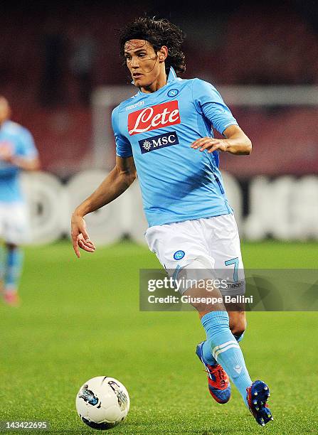 Edinson Cavani of Napoli in action during the Serie A match between SSC Napoli and Novara Calcio at Stadio San Paolo on April 21, 2012 in Naples,...