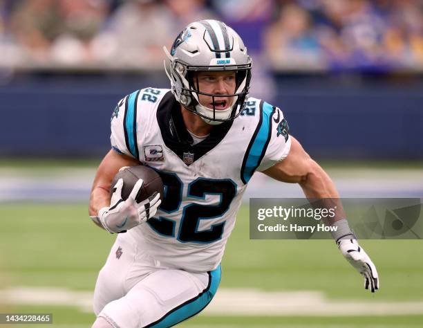 Christian McCaffrey of the Carolina Panthers runs after his catch during a 24-10 loss to the Los Angeles Rams at SoFi Stadium on October 16, 2022 in...