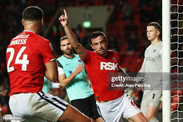 Eoghan O'Connell of Charlton Athletic celebrates scoring their team's third goal during the Sky Bet League One match between Charlton Athletic and...