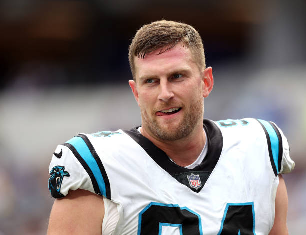 Henry Anderson of the Carolina Panthers during warm up before the game against the Los Angeles Rams at SoFi Stadium on October 16, 2022 in Inglewood,...