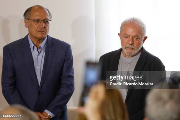 Leftist leader and presidential candidate of Workers' Party Lula Da Silva and his running mate Geraldo Alckmin look on during a rally with religious...