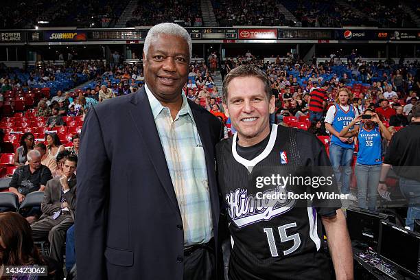 Oscar Robertson and Sacramento Kings owner, Joe Maloof pose for a picture during the game between the Oklahoma City Thunder and the Sacramento Kings...