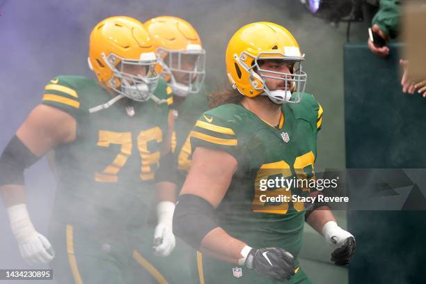 David Bakhtiari of the Green Bay Packers takes the field prior to a game against the New York Jets at Lambeau Field on October 16, 2022 in Green Bay,...