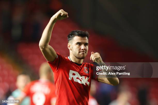 Scott Fraser of Charlton Athletic celebrates victory following the Sky Bet League One match between Charlton Athletic and Portsmouth at The Valley on...