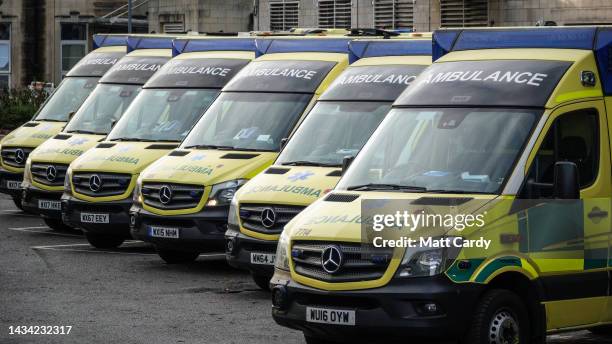 Ambulances queue outside the accident and emergency department of the Bath Royal United Hospital, on October 17, 2022 in Bath, England. The sight of...