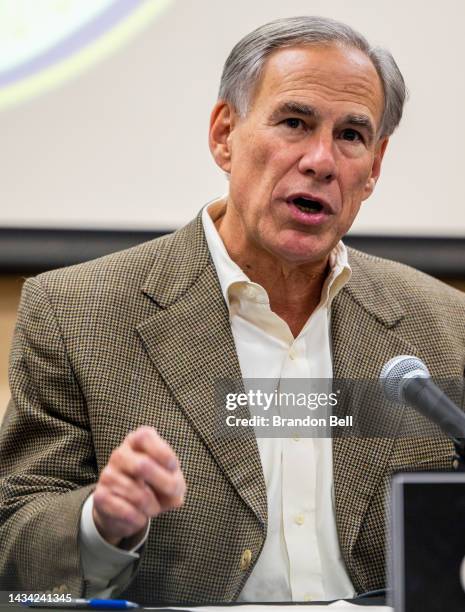 Texas Gov. Greg Abbott speaks at a news conference on October 17, 2022 in Beaumont, Texas. Abbott met with state and local law enforcement to discuss...
