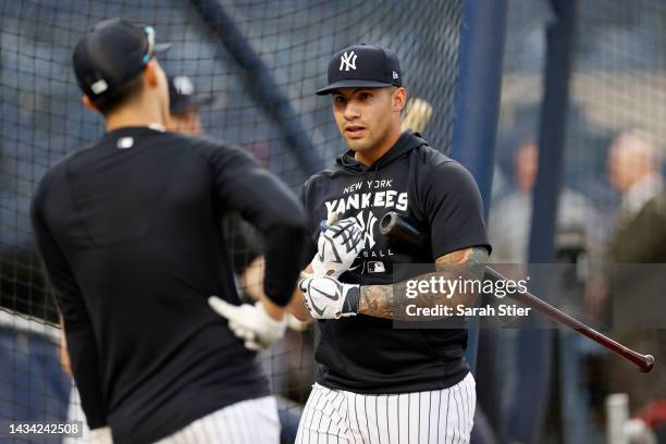 Gleyber Torres of the New York Yankees takes batting practice before game five of the American League Division Series against the Cleveland Guardians...