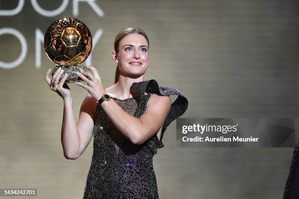 Alexia Putellas receives her second Woman Ballon d'Or award during the Ballon D'Or ceremony at Theatre Du Chatelet In Paris on October 17, 2022 in...