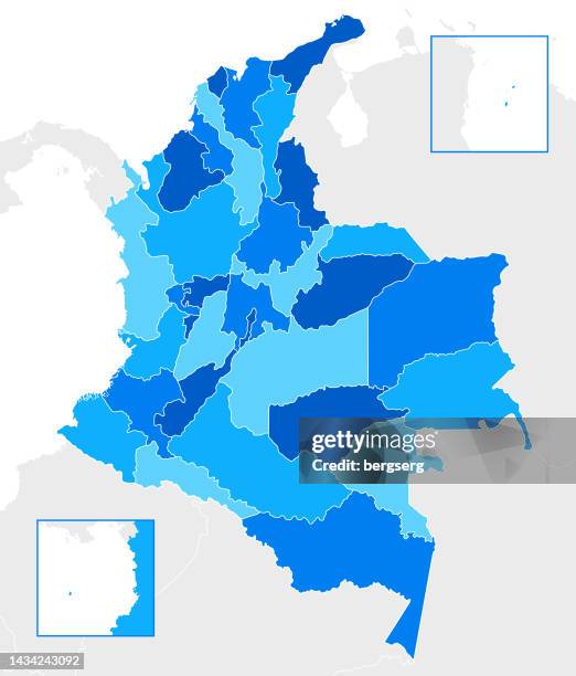 colombia high detailed blue map with regions - medellín stock illustrations