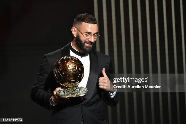 Karim Benzema receives the Ballon d'Or award during the Ballon D'Or ceremony at Theatre Du Chatelet In Paris on October 17, 2022 in Paris, France.