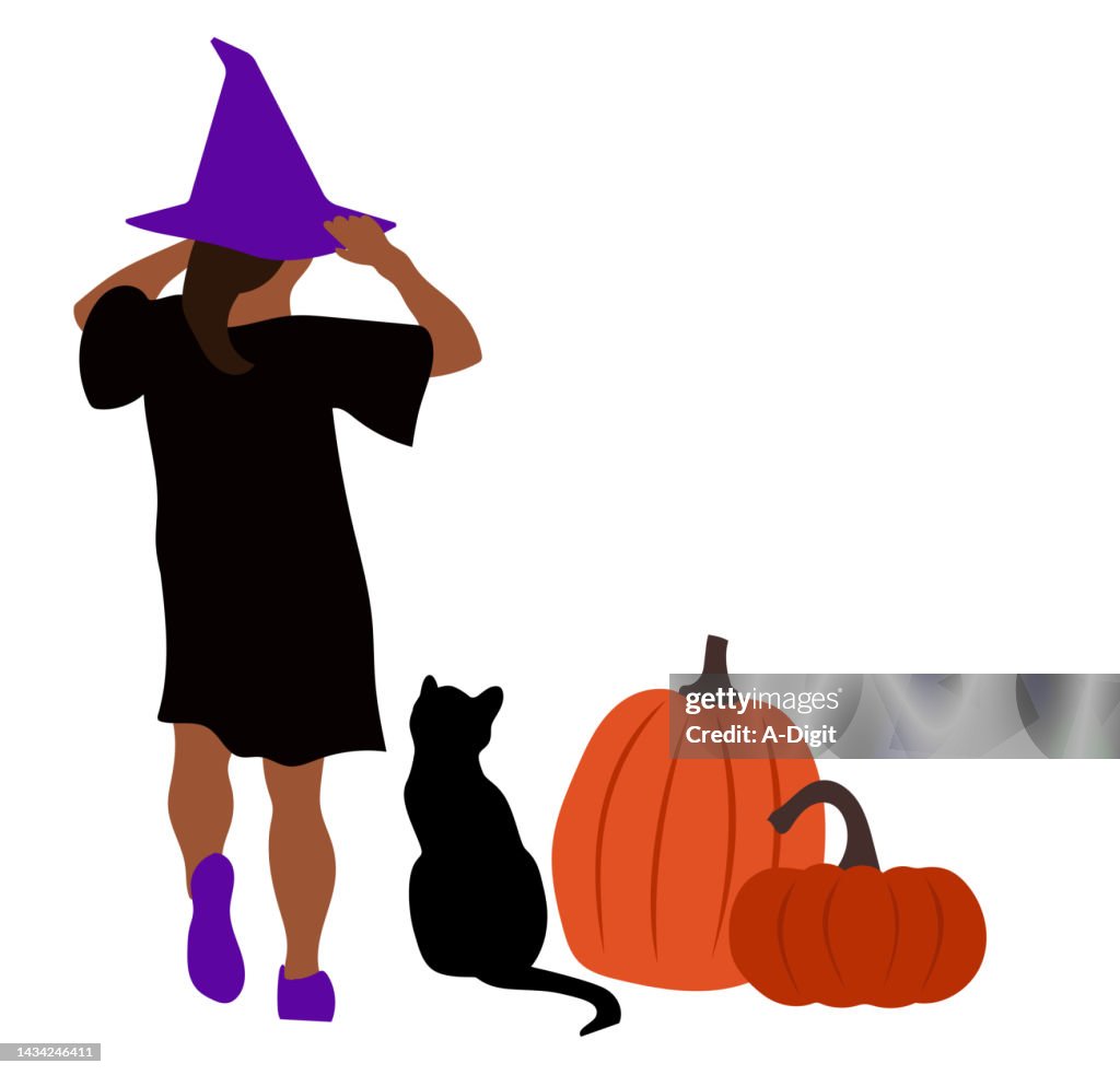 Little Witch Wit Cat And Pumpkins