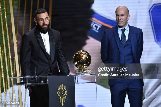 Karim Benzema receives the Ballon d'Or award from Zinedine Zidane during the Ballon D'Or ceremony at Theatre Du Chatelet In Paris on October 17, 2022...