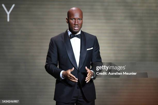 Didier Drogba speaks on stage during the Ballon D'Or ceremony at Theatre Du Chatelet In Paris on October 17, 2022 in Paris, France.