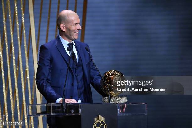Zinedine Zidane speaks before giving the Ballon d'Or award during the Ballon D'Or ceremony at Theatre Du Chatelet In Paris on October 17, 2022 in...