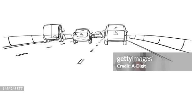 autos, die die straße entlang fahren skizze - autoreise stock-grafiken, -clipart, -cartoons und -symbole