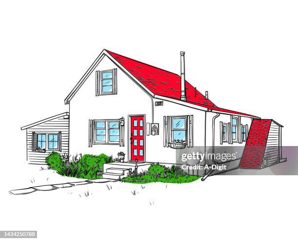 little house on the road sketch red - old house stock illustrations