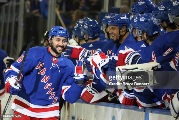 Vincent Trocheck of the New York Rangers celebrates his powerplay goal at 7:34 of the first period against the Anaheim Ducks at Madison Square Garden...
