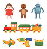 Set Of Kids Toys Doll, Teddy Bear, Robot and Train, Airplane, Gun and Drum Cute Playthings Isolated On White Background