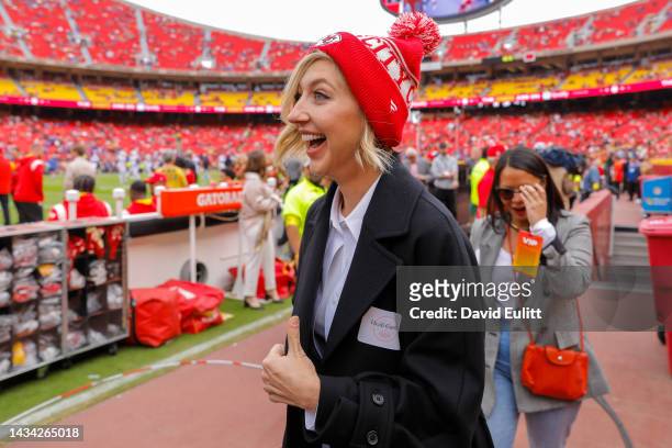 Comedian Heidi Gardner, a cast member on Saturday Night Live, walks the sidelines prior to the game between the Kansas City Chiefs and the Buffalo...