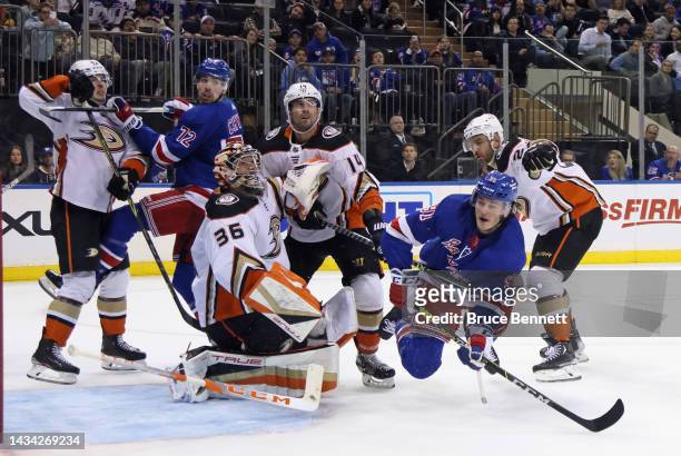Kevin Shattenkirk of the Anaheim Ducks takes a two minute penalty for tripping Sammy Blais of the New York Rangers during the second period at...