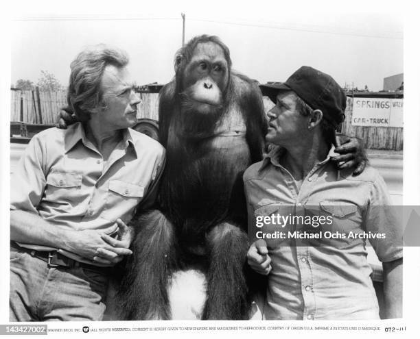 Manis the orangutan sitting in between Clint Eastwood and Geoffrey Lewis with an arm around each one of them in a scene from the film 'Any Which Way...