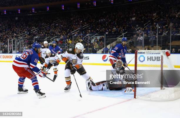 Vincent Trocheck of the New York Rangers scores a first period goal against John Gibson of the Anaheim Ducks at Madison Square Garden on October 17,...