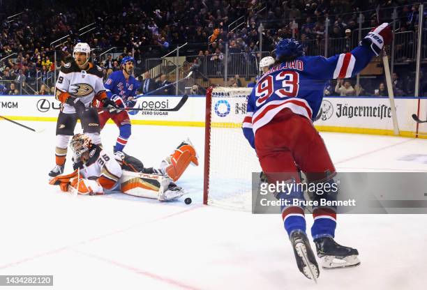 Mika Zibanejad of the New York Rangers scores a first period goal against John Gibson of the Anaheim Ducks at Madison Square Garden on October 17,...