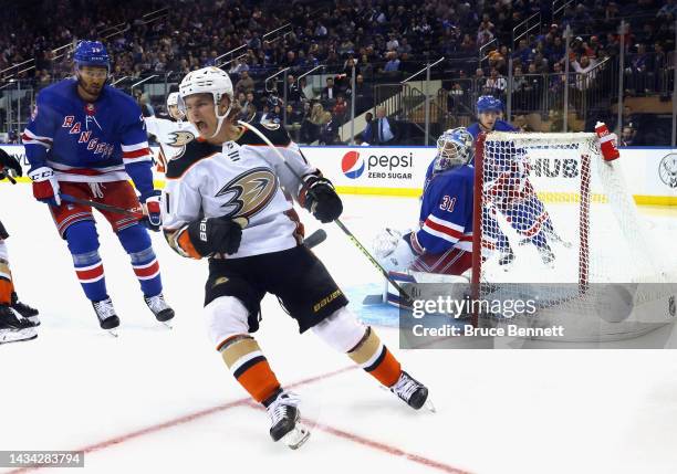Trevor Zegras of the Anaheim Ducks scores a second period goal against Igor Shesterkin of the New York Rangers at Madison Square Garden on October...