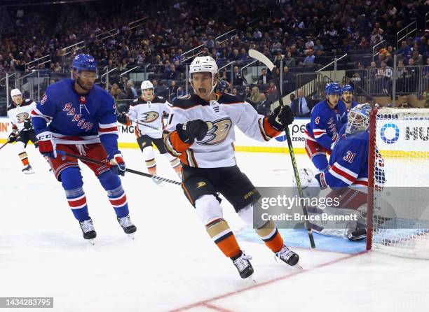 Trevor Zegras of the Anaheim Ducks scores a second period goal against Igor Shesterkin of the New York Rangers at Madison Square Garden on October...