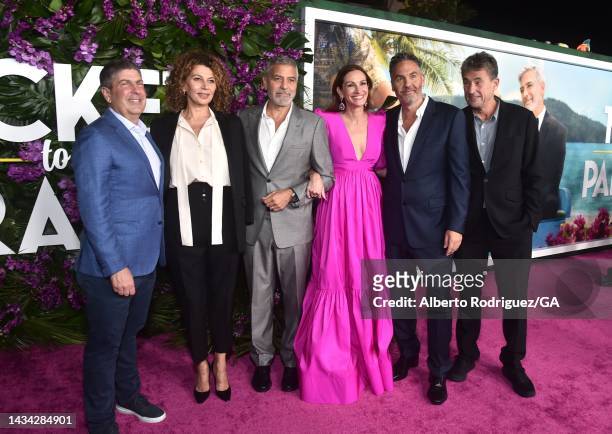 Jeff Shell, CEO, NBCUniversal, Donna Langley, George Clooney, Julia Roberts, Ol Parker, and Tim Bevan attend the premiere of Universal Pictures'...