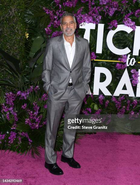 George Clooney arrives at the Premiere Of Universal Pictures' "Ticket To Paradise" at Regency Village Theatre on October 17, 2022 in Los Angeles,...