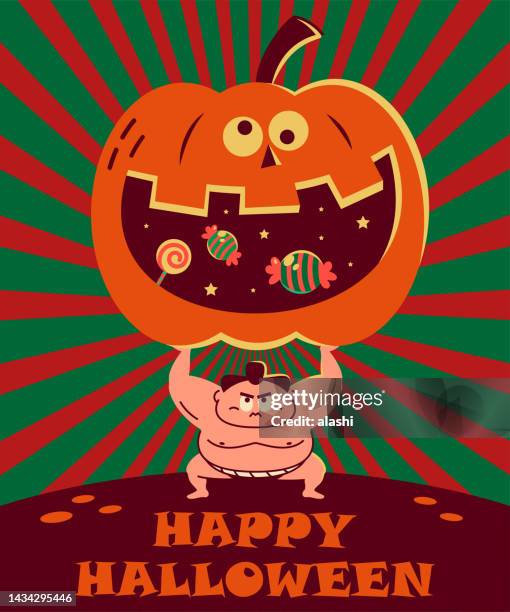 it’s halloween time, the powerful sumo carries a big pumpkin or jack-o-lantern - sujo stock illustrations