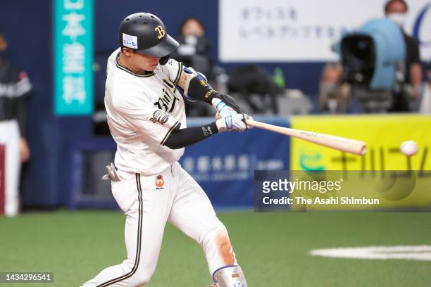 Keita Nakagawa of the Orix Buffaloes hits game-winning RBI single in the 9th inning against Fukuoka SoftBank Hawks during the Pacific League Climax...