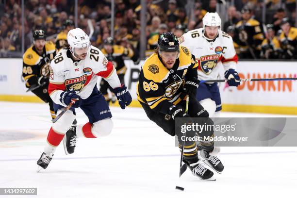 David Pastrnak of the Boston Bruins skates against the Florida Panthers during the first period at TD Garden on October 17, 2022 in Boston,...
