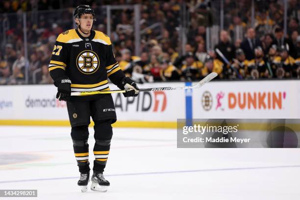 Hampus Lindholm of the Boston Bruins looks on during the first period against the Florida Panthers at TD Garden on October 17, 2022 in Boston,...