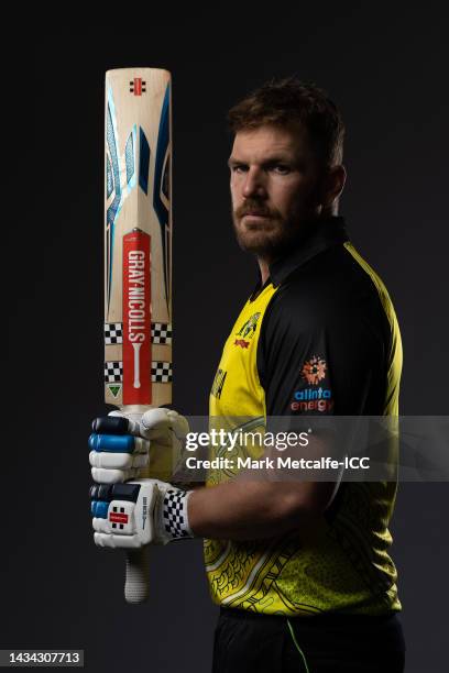 Aaron Finch poses during the Australia ICC Men's T20 Cricket World Cup 2022 team headshots at The Gabba on October 16, 2022 in Brisbane, Australia.