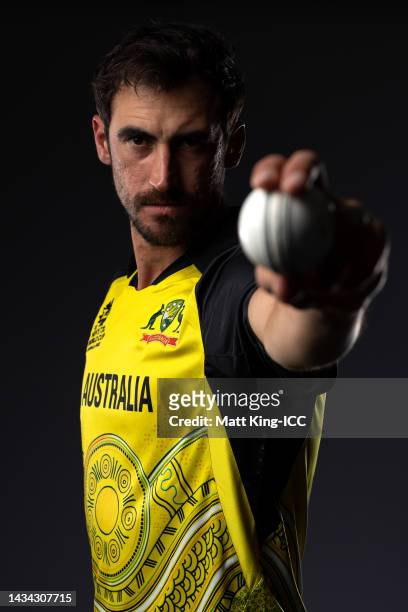 Mitchell Starc poses during the Australia ICC Men's T20 Cricket World Cup 2022 team headshots at The Gabba on October 16, 2022 in Brisbane, Australia.
