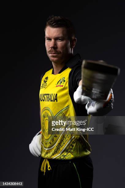 David Warner poses during the Australia ICC Men's T20 Cricket World Cup 2022 team headshots at The Gabba on October 16, 2022 in Brisbane, Australia.