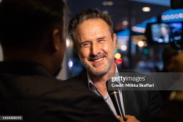 David Arquette gives an interview at 25th Anniversary screening Of Finn Taylor's "Dream With The Fishes" at Smith Rafael Film Center on October 17,...