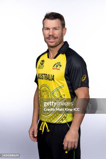 David Warner poses during the Australia ICC Men's T20 Cricket World Cup 2022 team headshots at The Gabba on October 16, 2022 in Brisbane, Australia.