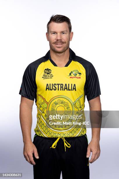 David Warner poses during the Australia ICC Men's T20 Cricket World Cup 2022 team headshots at The Gabba on October 16, 2022 in Brisbane, Australia.