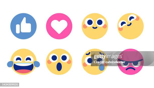 ilustraciones, imágenes clip art, dibujos animados e iconos de stock de conjunto esencial de emoticonos para redes sociales - botón me gusta