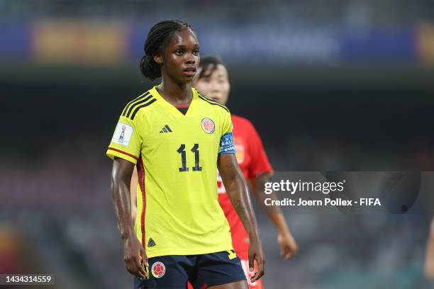Linda Caicedo of Colombia reacts during the FIFA U-17 Women's World Cup 2022 Group C match between China and Colombia at DY Patil Stadium on October...