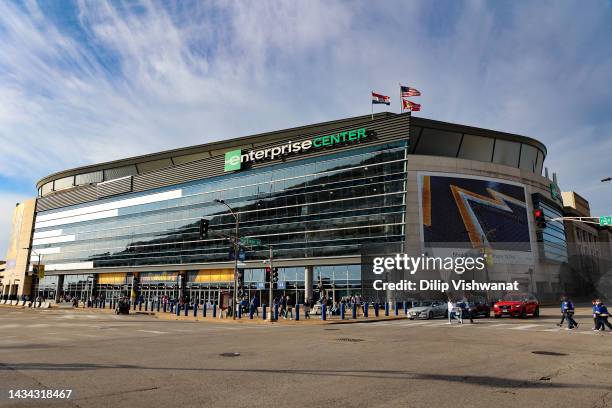 Exterior view of the Enterprise Center prior to a game between the St. Louis Blues and the Columbus Blue Jackets on October 15, 2022 in St Louis,...