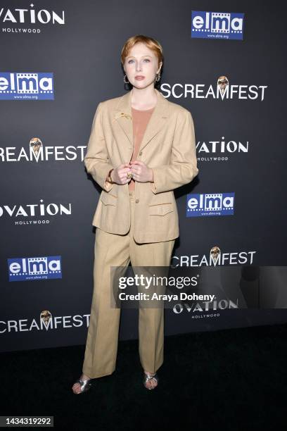 Molly Quinn arrives at the Screamfest LA "Give Me An A" Black Carpet at TCL Chinese 6 Theatres on October 17, 2022 in Hollywood, California.