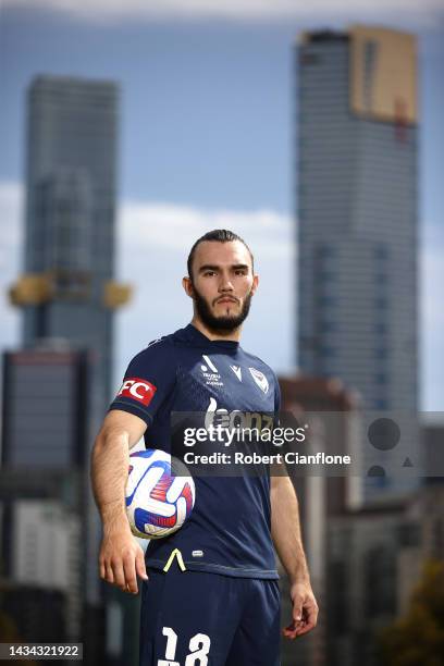 Nick D'Agostino of Melbourne Victory poses during a media opportunity ahead of the Melbourne A-League Men's derby at Birrarung Marr on October 18,...