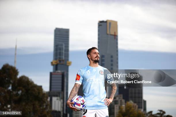 Jamie Maclaren of Melbourne City poses during a media opportunity ahead of the Melbourne A-League Men's derby at Birrarung Marr on October 18, 2022...