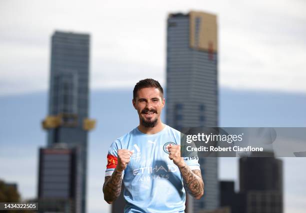 Jamie Maclaren of Melbourne City poses during a media opportunity ahead of the Melbourne A-League Men's derby at Birrarung Marr on October 18, 2022...