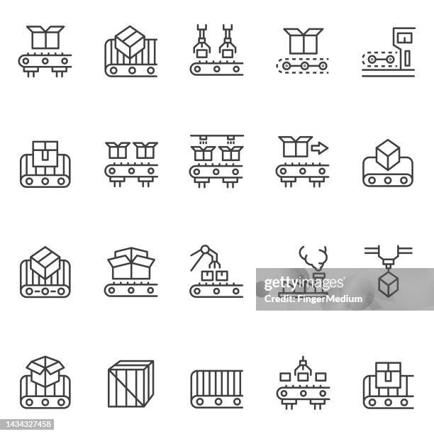 förderband-icon-set - fließband stock-grafiken, -clipart, -cartoons und -symbole