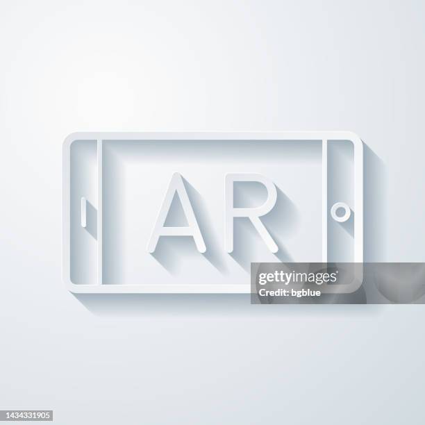 ar augmented reality on smartphone. icon with paper cut effect on blank background - augmented reality tablet stock illustrations
